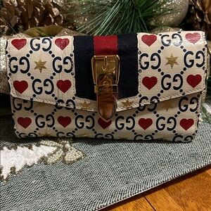 Gucci GG Heart Print Clutch - Cream, Red, and Gold